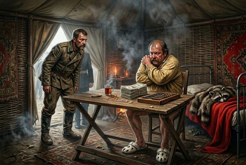Обозный офицер сидит за столом со счетами и ассигнациями.