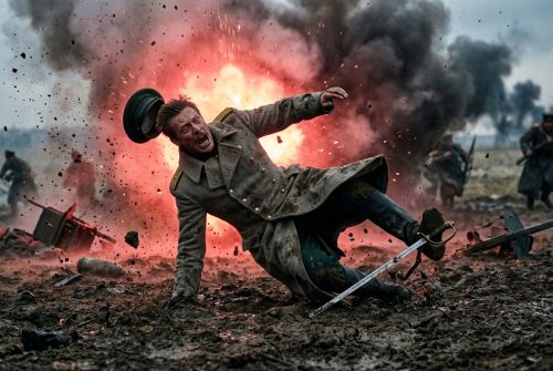 Отброшенный взрывом Праскухин спотыкается о саблю и падает.