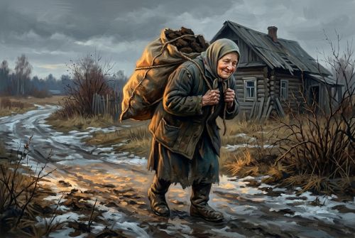 Матрёна возвращается с торфом.