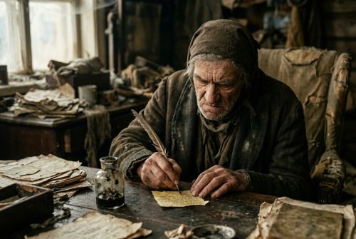 Плюшкин пишет письмо на клочке бумаги