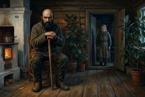 Фаддей сидит в избе Матрёны.